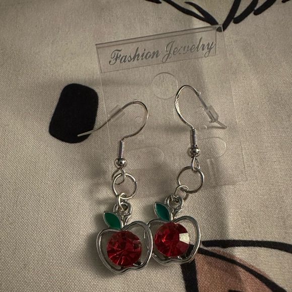 Jewelry - New ‘silver colored’ apple with red gem earrings